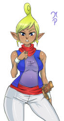 Rule 34 | 1girl, bare shoulders, blonde hair, blue eyes, bracelet, breasts, contrapposto, dark skin, dark-skinned female, jewelry, large breasts, maniacpaint, neckerchief, nintendo, aged up, pointy ears, scarf, shirt, short hair, sleeveless, solo, standing, sword, taut clothes, taut shirt, tetra, the legend of zelda, the legend of zelda: the wind waker, updo, weapon
