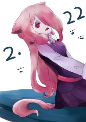 Rule 34 | 1girl, animal ears, bed, cat day, cat ears, cat tail, collar, commentary request, dated, expressionless, eyeshadow, fang, hair over one eye, half-closed eyes, leaning back, little witch academia, long hair, long sleeves, looking at viewer, makeup, no.05, open mouth, pale skin, paw print, pink hair, red eyes, school uniform, simple background, sitting, solo, sucy manbavaran, tail, watermark, white background, white collar