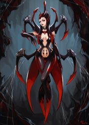 Rule 34 | 1girl, black hair, breasts, center opening, claws, elbow gloves, elise (league of legends), gloves, arthropod girl, league of legends, crossed legs, long fingers, long hair, monster girl, navel, neo-tk.., no feet, pubic tattoo, red eyes, red hair, revealing clothes, sideboob, solo, spider girl, spikes, standing, tattoo, thigh gap