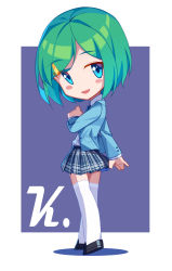 Rule 34 | 1girl, :d, arnold-s, big head, black footwear, blazer, blue eyes, blue jacket, blue skirt, blush stickers, chibi, collared shirt, green eyes, hair ornament, hairclip, head tilt, highres, jacket, loafers, long sleeves, looking at viewer, looking to the side, open clothes, open jacket, open mouth, original, plaid, plaid skirt, pleated skirt, purple background, school uniform, shirt, shoes, skirt, smile, solo, standing, thighhighs, two-tone background, white background, white shirt, white thighhighs