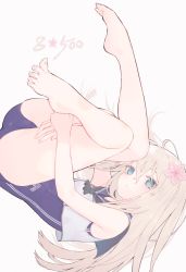 Rule 34 | 1girl, barefoot, blonde hair, blue eyes, blue one-piece swimsuit, blush, closed mouth, feet, flower, hair between eyes, hair flower, hair ornament, hugging own legs, kantai collection, long hair, nazunakku, one-piece swimsuit, pink flower, ro-500 (kancolle), sailor collar, school swimsuit, simple background, solo, swimsuit, swimsuit under clothes