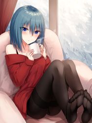 Rule 34 | 1girl, :o, armchair, blue eyes, blue hair, blush, brown pantyhose, chair, collarbone, commentary request, cup, dress, hair between eyes, highres, holding, holding cup, indoors, kinona, legs together, long hair, long sleeves, mug, no shoes, off-shoulder dress, off shoulder, on chair, original, pantyhose, parted lips, red dress, sitting, sleeves past wrists, soles, solo, steam, thighband pantyhose, window