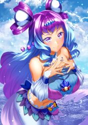 Rule 34 | 1girl, absurdres, alternate breast size, beach, blue nails, blue sky, breasts, cloud, cowboy shot, cure la mer, curecycadura, day, eyelash ornament, heart, heart in eye, highres, large breasts, laura la mer, layered skirt, leggings, looking at viewer, magical girl, multicolored eyes, nail polish, ocean, outdoors, pearl hair ornament, precure, skirt, sky, solo, symbol in eye, thick eyelashes, tropical-rouge! precure, water, white sleeves