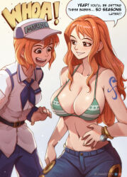 Rule 34 | 2girls, :d, baseball cap, bikini, blue neckerchief, blue pants, bracelet, breasts, brown eyes, collarbone, commentary, denim, dual persona, earrings, english commentary, green bikini, grin, hat, highres, jammeryx, jeans, jewelry, large breasts, log pose, long hair, looking at breasts, marine uniform (one piece), medium breasts, multiple girls, nami (one piece), navel, neckerchief, one piece, open mouth, orange hair, pants, pearl earrings, short hair, shoulder tattoo, smile, standing, stomach, swimsuit, tattoo, very long hair, wavy hair