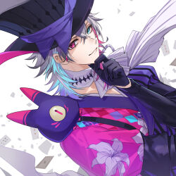 Rule 34 | 1boy, bishounen, black gloves, blue eyes, blue hair, card, coat, creature, creature on shoulder, eyeshadow, floral print, gavis bettel, gloves, grey hair, hair between eyes, hat, hat ribbon, heterochromia, highres, holostars, holostars english, isal (lasi), looking at viewer, makeup, male focus, multicolored coat, multicolored hair, on shoulder, phantom (gavis bettel), pink eyes, pink eyeshadow, pink hair, playing card, ribbon, scarf, smile, solo, top hat, upper body, virtual youtuber, white background, white scarf
