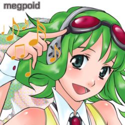 Rule 34 | 1girl, \m/, bad id, bad pixiv id, collar, cuffs, female focus, goggles, green eyes, green hair, gumi, headphones, matching hair/eyes, musical note, nakajima megumi, open mouth, red-tinted eyewear, seikan hikou, short hair, solo, tinted eyewear, vocaloid, voice actor connection, wrist cuffs