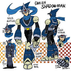 Rule 34 | 1boy, android, ariga hitoshi, armor, arrow (symbol), artist name, belt, blue armor, blue hood, blue scarf, boots, chainmail, character name, character sheet, checkered background, commentary request, concept art, english text, forehead jewel, from behind, full body, gem, gradient background, grey belt, hatching (texture), highres, holding, hood, hood up, index finger raised, japanese clothes, katana, kimono, knee boots, looking ahead, looking at viewer, male focus, mask, mask pull, mega man (classic), mega man (series), mega man 3, mouth mask, multiple views, ninja, ninja mask, no humans, obi, one eye closed, purple kimono, red background, red gemstone, robot, robot ears, sash, scanlines, scarf, shadow man (mega man), shoe soles, shuriken, simple background, standing, sword, turnaround, weapon, weapon on back, white background, yellow background