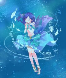 Rule 34 | 1girl, absurdres, air bubble, arm scrunchie, bare shoulders, belly chain, bikini, blue footwear, blue hair, bracelet, bridal gauntlets, bubble, closed eyes, earrings, fish, flat chest, full body, glint, green scrunchie, hands up, highres, idolmaster, idolmaster (classic), idolmaster million live!, idolmaster million live! theater days, interlocked fingers, jewelry, kisaragi chihaya, layered bikini, lens flare, long hair, lunim (roo 0 0), multicolored bikini, multicolored clothes, navel, open mouth, pearl bracelet, scrunchie, shell hair ornament, single bridal gauntlet, solo, strappy heels, swimsuit, underwater
