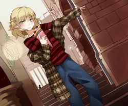 Rule 34 | 1girl, blonde hair, blue pants, casual, commentary request, contemporary, crepe, food, green eyes, highres, holding, holding food, jacket, kaenbyou rin, kaenbyou rin (cat), looking at viewer, mizuhashi parsee, off shoulder, pants, plaid, plaid jacket, pointy ears, red shirt, shirt, solo, striped clothes, striped shirt, touhou, winu (hertrion)