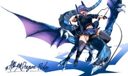 Rule 34 | 10s, 1girl, boots, claws, colored sclera, commentary request, dragon, english text, eyepatch, fingerless gloves, gloves, horns, kantai collection, long tail, midriff, navel, necktie, open mouth, partially fingerless gloves, purple hair, red eyes, reins, riding, saddle, scales, short hair, single horn, skirt, sleeves rolled up, smile, stirrups (riding), tail, tenryuu (kancolle), thighhighs, torichamaru, translation request, twitter username, wings, yellow eyes, yellow sclera