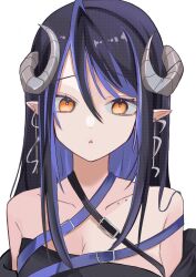 Rule 34 | 1girl, :o, bandeau, belt, black bandeau, black belt, black hair, blue belt, blue hair, breasts, brown eyes, chest belt, cleavage, collarbone, commentary, curled horns, demon girl, demon horns, grey horns, hair between eyes, hebiyoi tier, hebiyoi tier (1st costume), highres, horns, large breasts, long hair, looking at viewer, multicolored hair, nanashi inc., off shoulder, open mouth, pointy ears, sidelocks, simple background, snake bite, solo, sugar lyric, two-tone hair, upper body, virtual youtuber, white background, yuru. (m29125567)