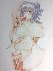Rule 34 | 1girl, 3boys, adotti, blue hair, blush, breasts, cum, cum in mouth, double penetration, eyebrows, fellatio, hetero, highres, huge breasts, long hair, male pubic hair, multiple boys, navel, nipples, nude, open mouth, oral, original, penis, plump, pubic hair, pussy, red eyes, shiny skin, spread legs, sweat, thighhighs, torso grab, twintails, uncensored, veins, veiny penis