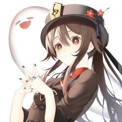 Rule 34 | 1girl, :t, black headwear, black nails, boo tao (genshin impact), breasts, brown hair, ebibi chiriri, flower, flower-shaped pupils, genshin impact, ghost, gradient hair, hair between eyes, hat, hat flower, highres, hu tao (genshin impact), jewelry, long hair, multicolored hair, multiple rings, nail polish, own hands together, plum blossoms, pout, red eyes, red flower, red hair, ring, sidelocks, simple background, small breasts, steepled fingers, symbol-shaped pupils, tassel, twintails, upper body, white background