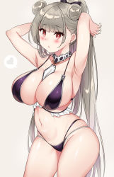 Rule 34 | 1girl, alternate costume, alternate hairstyle, armpits, arms behind head, arms up, azur lane, between breasts, bikini, blunt bangs, blush, blush stickers, bow, breasts, bright pupils, choker, cleavage, collarbone, cowboy shot, double bun, earrings, feet out of frame, formidable (azur lane), frills, hair bow, hair bun, heart, highleg, highleg bikini, highres, jewelry, large breasts, long hair, monochrome background, multi-strapped bikini bottom, navel, necktie, necktie between breasts, parted lips, platinum blonde hair, ponytail, purple bikini, red eyes, simple background, skindentation, solo, spoken heart, stomach, string bikini, stud earrings, swimsuit, tem10, thighs, tying hair, very long hair