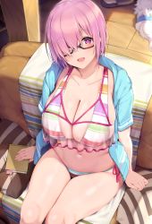 Rule 34 | 1girl, absurdres, bikini, blue gk, blue jacket, book, breasts, collarbone, fate/grand order, fate (series), fou (fate), glasses, hair over one eye, highres, jacket, large breasts, looking at viewer, mash kyrielight, mash kyrielight (swimsuit of perpetual summer ver.02), multicolored bikini, multicolored clothes, navel, official alternate costume, open clothes, open jacket, open mouth, pink hair, purple eyes, short hair, short sleeves, sitting, smile, striped bikini, striped clothes, swimsuit, thighs