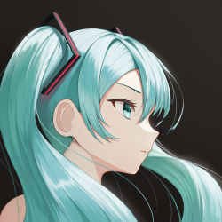 Rule 34 | 1girl, absurdres, aqua eyes, aqua hair, batorasama, black background, closed mouth, female focus, floating hair, from side, hair intakes, hatsune miku, highres, huge filesize, long hair, portrait, profile, simple background, smile, solo, twintails, vocaloid
