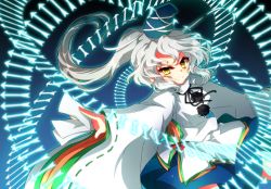 Rule 34 | 1girl, arrow (projectile), danmaku, female focus, hat, japanese clothes, kamome, kariginu, long hair, long sleeves, looking at viewer, mononobe no futo, ofuda, outstretched arm, ponytail, ribbon, silver hair, smile, solo, tate eboshi, touhou, wide sleeves, yellow eyes