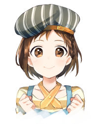 Rule 34 | 1girl, bang dream!, beret, black hat, braid, brown eyes, brown hair, clenched hands, hands up, hat, hat belt, hazawa tsugumi, highres, komachi narota, looking at viewer, orange neckwear, shirt, short hair, side braid, simple background, smile, solo, striped clothes, striped headwear, striped shirt, upper body, white background
