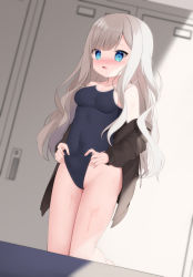 Rule 34 | 1girl, bare shoulders, black jacket, black one-piece swimsuit, blue eyes, blurry, blurry background, blush, breasts, character request, clothes lift, commentary request, covered navel, depth of field, frontal wedgie, grey hair, groin, indoors, jacket, kneeling, lifted by self, locker, locker room, long hair, looking at viewer, medium breasts, nose blush, off shoulder, one-piece swimsuit, open clothes, open jacket, open mouth, school swimsuit, solo, sweat, swimsuit, swimsuit lift, tales runner, usagimiko, very long hair, wedgie