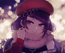 Rule 34 | 1girl, backlighting, bad id, bad pixiv id, beret, blurry, blurry background, closed mouth, diagonal bangs, ear piercing, enpera, eyelashes, eyeshadow, fur scarf, hand up, hat, idolmaster, idolmaster shiny colors, jewelry, long hair, long sleeves, looking at viewer, makeup, minyom, piercing, pink lips, purple eyes, purple hair, red hat, ring, scarf, signature, smile, solo, tanaka mamimi, upper body, white scarf