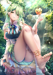 Rule 34 | 1girl, anklet, antlers, apple, ass, asymmetrical legwear, barefoot, braid, braided bangs, branch, breasts, ceres fauna, cleavage, dress, earrings, feet, floral print, flower, foliage, food, foot focus, frilled dress, frilled skirt, frills, fruit, gem, golden apple, green hair, green nails, hair between eyes, hair flower, hair ornament, highres, hololive, hololive english, horns, jewelry, knee up, legs, long hair, nail polish, open clothes, plant, rock, rose, single braid, skirt, soles, solo, thighhighs, thighs, toenail polish, toenails, toes, tree, twig, umou (may65879), vines, virtual youtuber, water, water drop, waterfall, yellow eyes