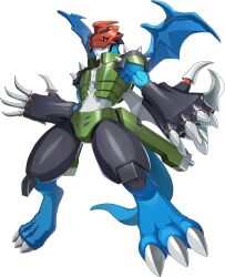 Rule 34 | armor, artist request, claws, digimon, digimon (creature), digimon new century, full body, gun, highres, mask, monster, monster boy, official art, paildramon, red eyes, simple background, solo, solo focus, tail, weapon, wings