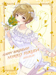 Rule 34 | 1girl, 2023, :d, absurdres, bouquet, bracelet, brown eyes, brown hair, character name, collarbone, dated, dress, flower, framed, fukuda noriko, happy birthday, highres, holding, holding bouquet, idolmaster, idolmaster million live!, idolmaster million live! theater days, jewelry, jumping, nail polish, necklace, open mouth, outline, pantyhose, petals, ribbon, see-through, see-through sleeves, shiro (ongrokm), short dress, short hair, side slit, smile, solo, white dress, white footwear, white pantyhose, white ribbon, yellow flower, yellow nails, yellow ribbon