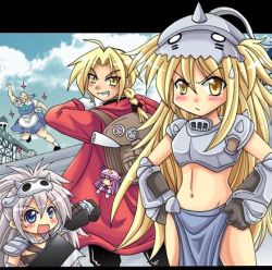 Rule 34 | 2boys, 2girls, alex louis armstrong, alphonse elric, barry the chopper, blonde hair, capcom, character doll, colonel aki, cosplay, crossdressing, doll, edward elric, fullmetal alchemist, genderswap, genderswap (ftm), genderswap (mtf), izayoi sakuya, izayoi sakuya (cosplay), long hair, lowres, monster hunter (series), multiple boys, multiple girls, parody, patchouli knowledge, touhou, white hair