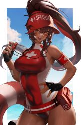 Rule 34 | 1girl, alternate costume, arc2urus, armband, bandaid, bandaid on face, bandaid on nose, black gloves, blue sky, border, brown eyes, brown hair, cloud, cloudy sky, commentary, cross, dark-skinned female, dark skin, english commentary, fingerless gloves, first aid kit, gauze on arm, gauze on cheek, gloves, hat, highres, holding, holding whistle, inset border, juliette (omega strikers), lifebuoy, lifeguard, long hair, looking at viewer, omega strikers, open mouth, ponytail, red armband, red hat, sidelocks, sky, sleeveless, smile, solo, swim ring, teeth, thighs, visor cap, water, wet, whistle, whistle around neck, white border