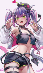 Rule 34 | belt, black shorts, black tank top, blunt bangs, claw pose, collar, commentary request, demon girl, fangs, green eyes, hair ornament, hairclip, heart, heart tattoo, highres, hololive, jacket, leg strap, long sleeves, looking at viewer, midriff, multicolored hair, multicolored nails, nail polish, navel, open mouth, pink hair, purple hair, purple nails, shorts, sidelocks, simple background, stomach, streaked hair, tank top, tattoo, thigh strap, tokoyami towa, twintails, virtual youtuber, white background, white belt, white jacket, wszkii, yellow nails