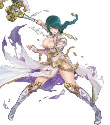 Rule 34 | 1girl, axe, battle axe, boots, braid, breasts, bridal gauntlets, circlet, cleavage, dress, female focus, fire emblem, fire emblem heroes, full body, gold trim, green hair, hair ornament, high heel boots, high heels, highres, holding, holding weapon, jewelry, knee boots, large breasts, long hair, long sleeves, maeshima shigeki, nintendo, official art, single braid, smile, solo, striped, thighs, thorr (fire emblem), torn clothes, torn dress, transparent background, vertical stripes, weapon, white dress, white footwear, yellow eyes