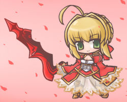 Rule 34 | 10s, 1girl, aestus estus, ahoge, blonde hair, chibi, dress, fate/extra, fate/stay night, fate (series), female focus, full body, gradient background, green eyes, nero claudius (fate), nero claudius (fate) (all), nero claudius (fate/extra), onmitsu doushin a, petals, rose petals, see-through, solo, sword, transparent, weapon
