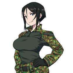 Rule 34 | 1girl, belt, black eyes, black gloves, black hair, breasts, camouflage, camouflage pants, camouflage shirt, chouno ami, closed mouth, girls und panzer, gloves, hand on own hip, highres, large breasts, looking at viewer, onsen tamago (hs egg), pants, shirt, shirt tucked in, short hair, simple background, smile, solo, upper body, white background