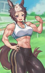 Rule 34 | 1girl, abs, absurdres, animal ear piercing, animal ears, black pants, breasts, clenched hand, collarbone, cowboy shot, eyelashes, grey eyes, hand on own hip, highres, horse ears, horse girl, horse tail, kamomasaki, looking at viewer, medium breasts, mejiro ryan (umamusume), midriff, multicolored hair, muscular, muscular female, navel, open mouth, outdoors, pants, short hair, solo, tail, tank top, thick thighs, thighs, two-tone hair, umamusume, white tank top
