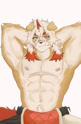 1boy abs arknights arms_behind_head arms_up bara closed_mouth colored_tips commentary english_commentary furry furry_male highres horns hung_(arknights) komainu_boy komainu_ears komainu_tail looking_at_viewer male_focus multicolored_hair muscular muscular_male navel nipples orange_eyes pectorals ruanmeislut_(toraaa) single_horn smile topless_male white_background