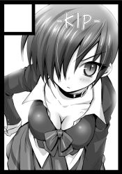 1girl bent_over black_border blush border breasts choker circle_cut cleavage downblouse female_focus gender_request genderswap greyscale hair_over_one_eye hand_on_own_hip kip kouno_yuki_(kip) large_breasts monochrome pleated_skirt skirt slit_pupils solo the_king_of_fighters yagami_iori