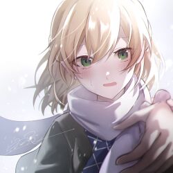 Rule 34 | 1girl, @ @, blonde hair, blush, green eyes, grey jacket, highres, jacket, looking at viewer, mizuhashi parsee, open mouth, pointy ears, rokuya (68 zusao), scarf, short hair, short sleeves, signature, solo, touhou, upper body, white background, white scarf