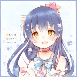 Rule 34 | 1girl, bare shoulders, blue hair, blush, bokutachi wa hitotsu no hikari, choker, commentary request, dated, flower, hair between eyes, hair flower, hair ornament, long hair, looking at viewer, love live!, love live! school idol project, one-hour drawing challenge, open mouth, ribbon, sakuramochi n, simple background, solo, sonoda umi, yellow eyes