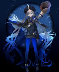 Rule 34 | absurdly long hair, black cape, black footwear, black shirt, blue eyes, blue hair, blue pantyhose, blue theme, brown hair, buttons, cape, closed mouth, cyawa, double-breasted, fate/grand order, fate (series), gradient hair, highres, holding, long hair, long sleeves, looking at viewer, multicolored hair, nemo (fate), pantyhose, pigeon-toed, shirt, shoes, solo, stnaym, twintails, very long hair