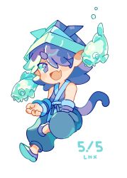 Rule 34 | 1boy, absurdres, abyff14, child, fengxi (the legend of luoxiaohei), fish, full body, grey footwear, hair over one eye, highres, medium hair, paper hat, pointy ears, purple eyes, purple hair, shoes, simple background, solo, tail, luo xiaohei zhanji, white background, aged down