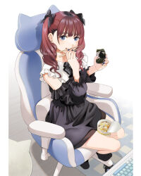 Rule 34 | 1girl, black nails, blue nails, blunt bangs, bow, curly hair, detached sleeves, dress, frilled dress, frills, hair bow, mattaku mousuke, nissin cup noodle, original, purple eyes, red hair, sitting