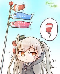 Rule 34 | 1girl, amatsukaze (kancolle), arm up, asimo953, black dress, blue sky, blush, breasts, brown eyes, chibi, commentary request, day, dress, grey neckerchief, hair tubes, hair tubes removed, headgear, highres, kantai collection, koinobori, long hair, long sleeves, looking to the side, motion lines, neckerchief, open mouth, outdoors, raised eyebrow, sailor collar, sailor dress, short eyebrows, silver hair, sky, sleeve cuffs, small breasts, solo, sweatdrop, thought bubble, twitter username, two side up, upper body, white sailor collar, wind, wind lift, windsock