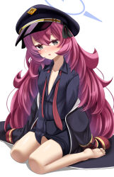 Rule 34 | 1girl, barefoot, black coat, black hat, blue archive, blue shirt, blush, breasts, coat, collarbone, collared shirt, grey eyes, hair between eyes, halo, hat, highres, iroha (blue archive), long hair, long sleeves, looking at viewer, navel, off shoulder, open clothes, open coat, open mouth, peaked cap, red hair, shirt, sitting, small breasts, solo, thighs, totororo, very long hair, wariza, wavy hair