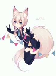 Rule 34 | 1girl, \n/, animal ear fluff, animal ears, banned artist, blue eyes, blush, braid, commentary, double \n/, fox ears, fox shadow puppet, fox tail, gloves, highres, looking at viewer, muryotaro, necktie, original, pink hair, shirt, solo, symbol-only commentary, tail, thighhighs, twin braids, vest