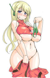 Rule 34 | 1girl, areola slip, blonde hair, blue eyes, blush, breasts, clothes pull, curly brace, doll joints, doukutsu monogatari, green panties, holding, holding clothes, holding panties, holding underwear, huge breasts, joints, long hair, lute (shino), panties, pants, pants pull, robot, robot ears, robot joints, solo, underboob, underwear, wavy mouth, wide hips