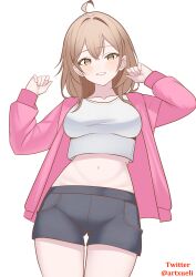 1girl absurdres ahoge black_shorts breasts brown_hair collarbone cowboy_shot crop_top crop_top_overhang gluteal_fold grin hands_up highres jacket large_breasts long_hair long_sleeves looking_at_viewer mariya_mikhailovna_kujou midriff navel open_clothes open_jacket pink_jacket shirt short_shorts shorts simple_background smile solo stomach thighs tokidoki_bosotto_roshia-go_de_dereru_tonari_no_alya-san white_background white_shirt xueli_shimazaki yellow_eyes