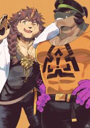 Rule 34 | 2boys, ;), bara, belt, black pants, black shirt, braid, furry, furry male, hands on another&#039;s shoulders, hands on own hips, hastur (housamo), highres, horns, jewelry, lab coat, looking at viewer, multiple boys, necklace, one eye closed, pants, pawpads, pazuzu (housamo), sawch cls, shirt, single horn, smile, tokyo houkago summoners, waving, yellow background, yellow shirt