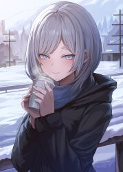 Rule 34 | 1girl, absurdres, akershus fortress (oshiro project), black hoodie, blue eyes, blue scarf, blush, closed mouth, cup, disposable cup, drink, grey hair, hands up, highres, holding, holding cup, holding drink, hood, hoodie, long sleeves, looking at viewer, medium hair, miyabino (miyabi1616), oshiro project:re, outdoors, railing, scarf, snow, solo, steam, swept bangs, upper body