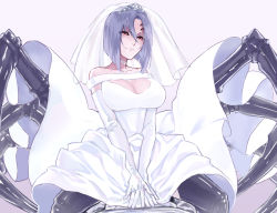Rule 34 | 1girl, arachne, arthropod girl, bare shoulders, breasts, bridal veil, cleavage, closed mouth, collarbone, dress, elbow gloves, extra eyes, extra legs, female focus, gloves, grey hair, hair between eyes, insect girl, jewelry, large breasts, looking at viewer, monster girl, monster musume no iru nichijou, rachnera arachnera, red eyes, ring, short hair, simple background, solo, spider girl, taur, veil, wedding band, wedding dress, white dress, white gloves, zakirsiz