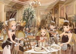 Rule 34 | animal ears, blonde hair, blue eyes, bow, bowtie, braid, brown eyes, brown hair, cake, commentary, cup, detached collar, eikoh, fake animal ears, food, highres, indoors, jam, lamp, leotard, looking at viewer, looking to the side, maid headdress, multiple boys, multiple girls, name tag, open mouth, original, pantyhose, playboy bunny, pouring, rabbit ears, signature, sitting, smile, standing, table, tea, teacup, teapot, twintails